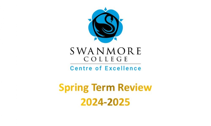 Image shows Swanmore logo on white background, with gold wording that reads 'Spring Term Review 2025'